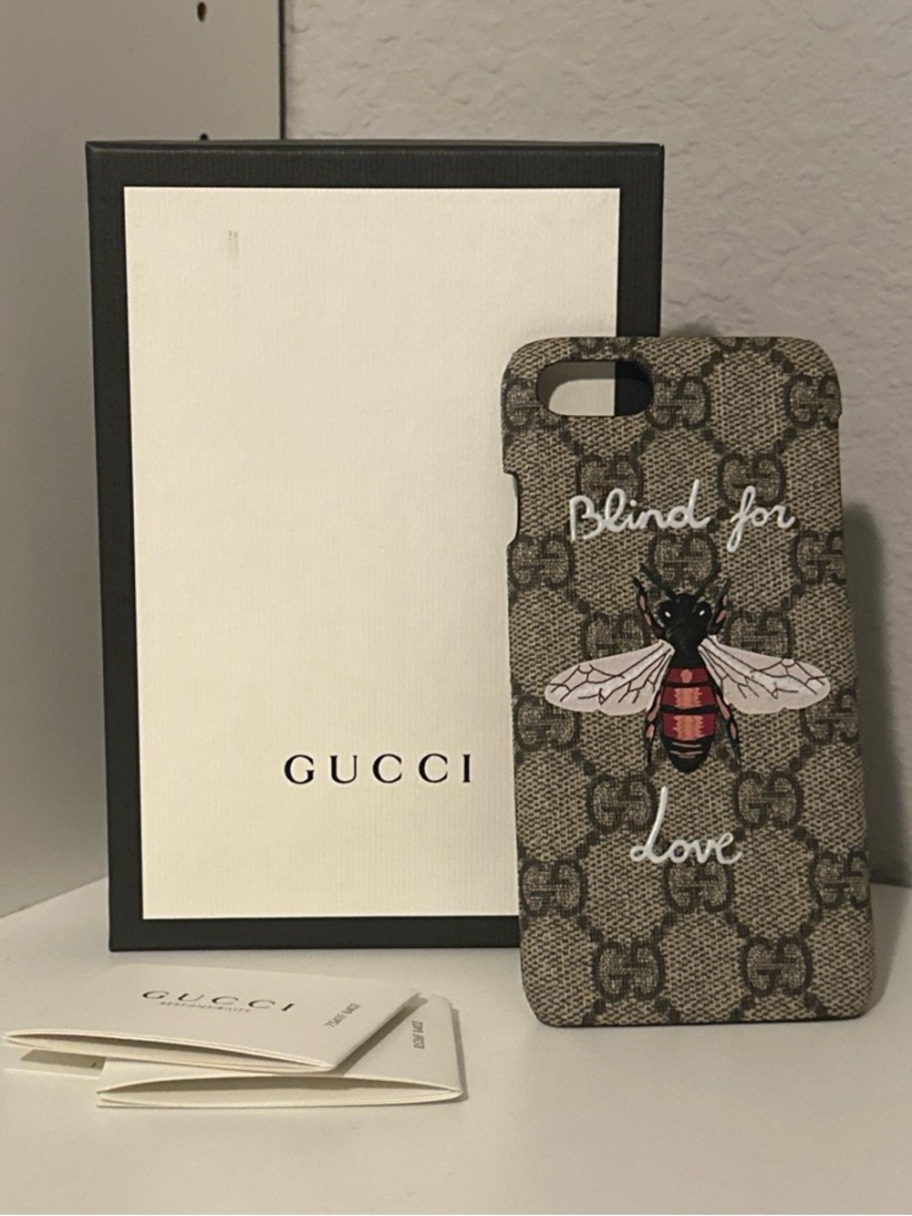 Gucci Brown GG Supreme Phone Case with Embroidered Bee and 'Blind for Love'